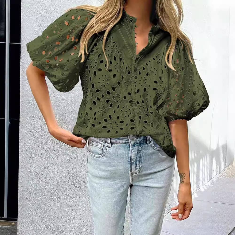 Lined Embroidered Cutout Lantern Sleeve Shirt