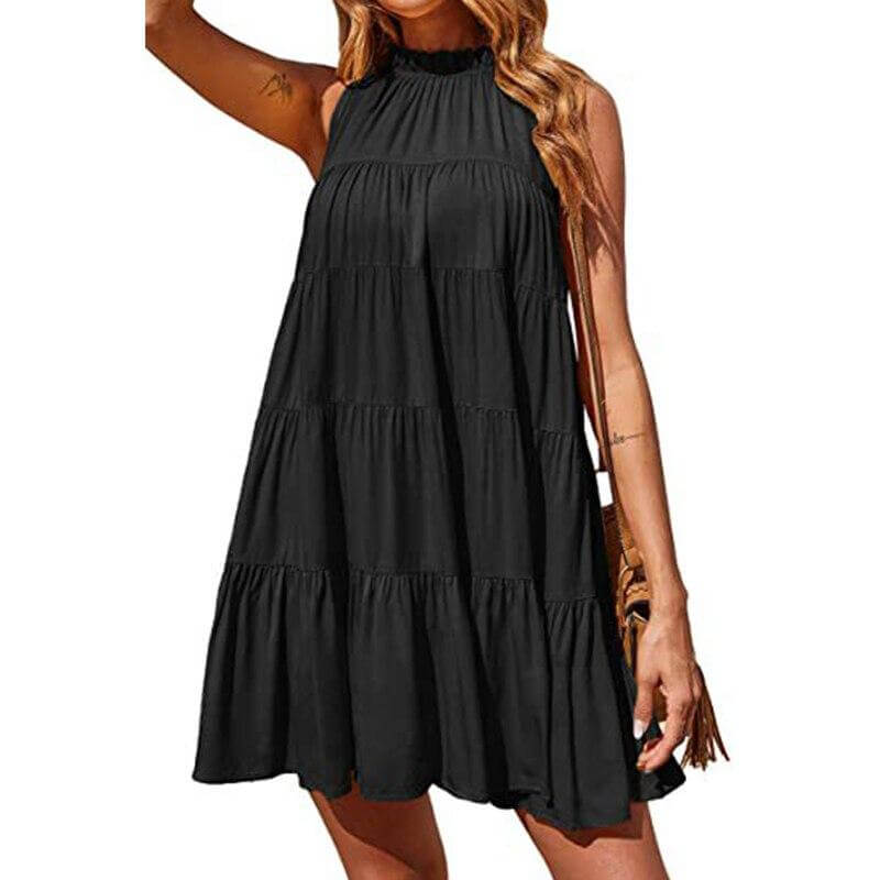 Cool Plain Sleeveless Black Mini Dress