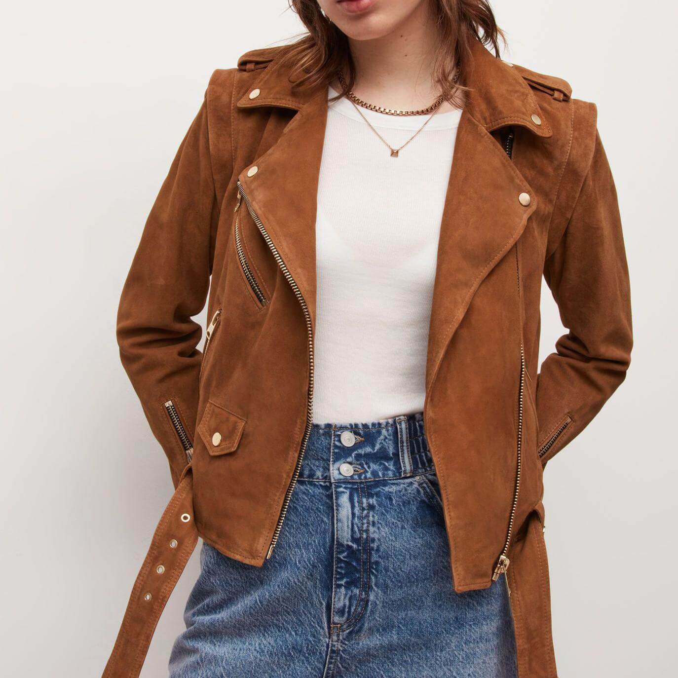 Multi Zipper Short Brown Leather Coat Jacket