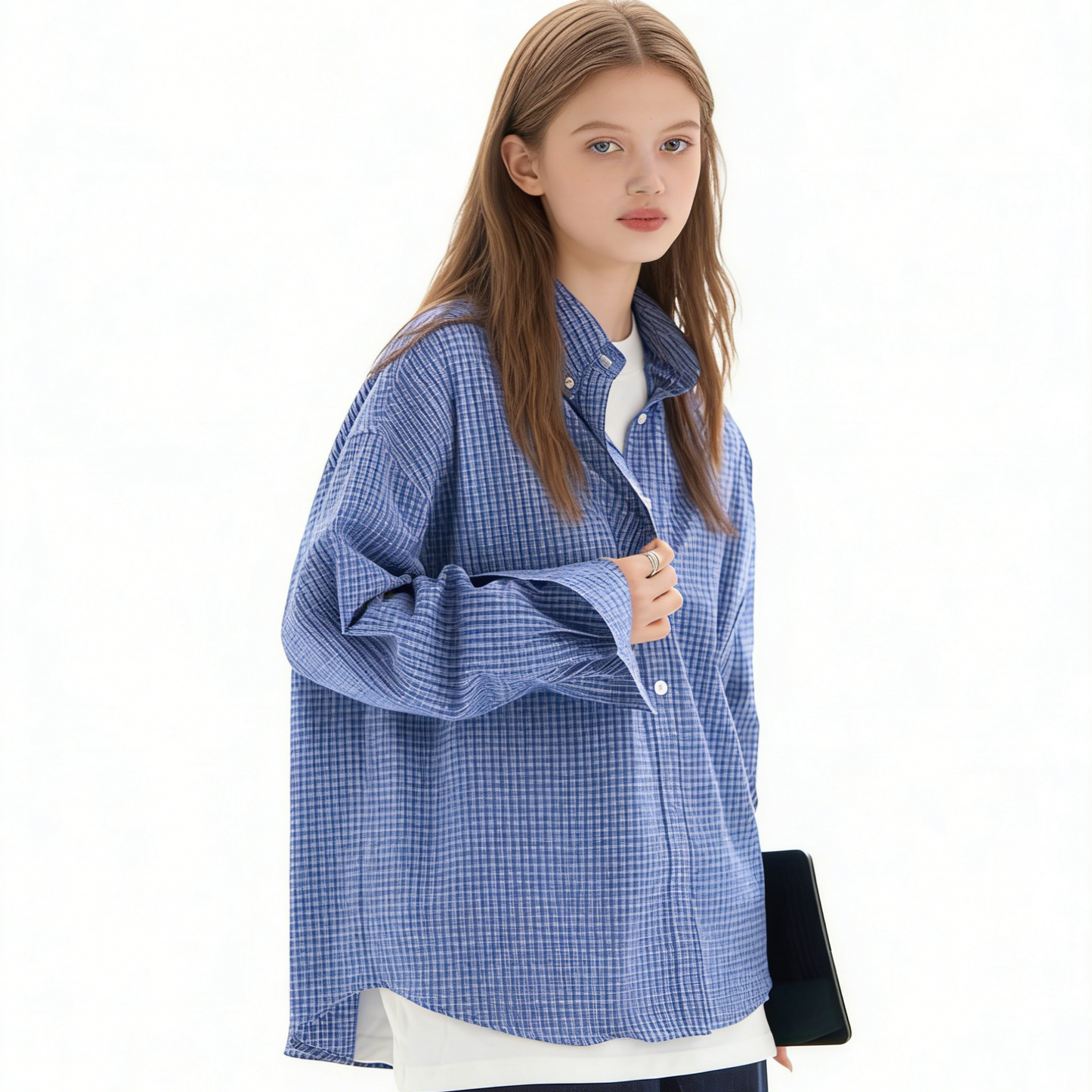 REINAREA Unisex American Retro Blue Plaid Long-Sleeve Shirt - Casual Couple Style Shirt Jacket【070】