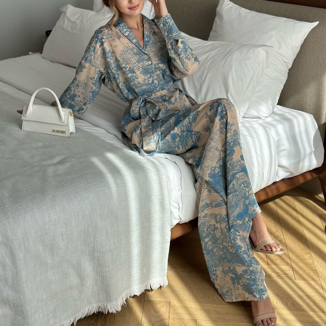 French Print Lace-Up Shirt Wide Leg Pants Set