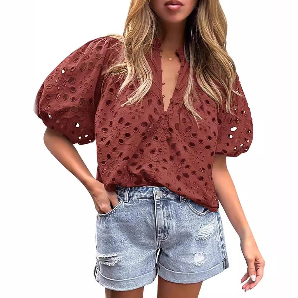 Lined Embroidered Cutout Lantern Sleeve Shirt