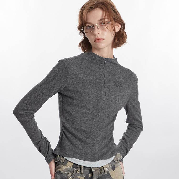 Slim Half Zipper Fake Two Piece Long Sleeve T-Shirt