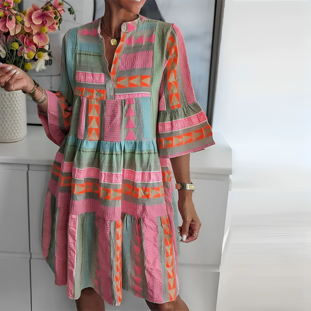 Fresh Print 3/4 Sleeve Mini Dress