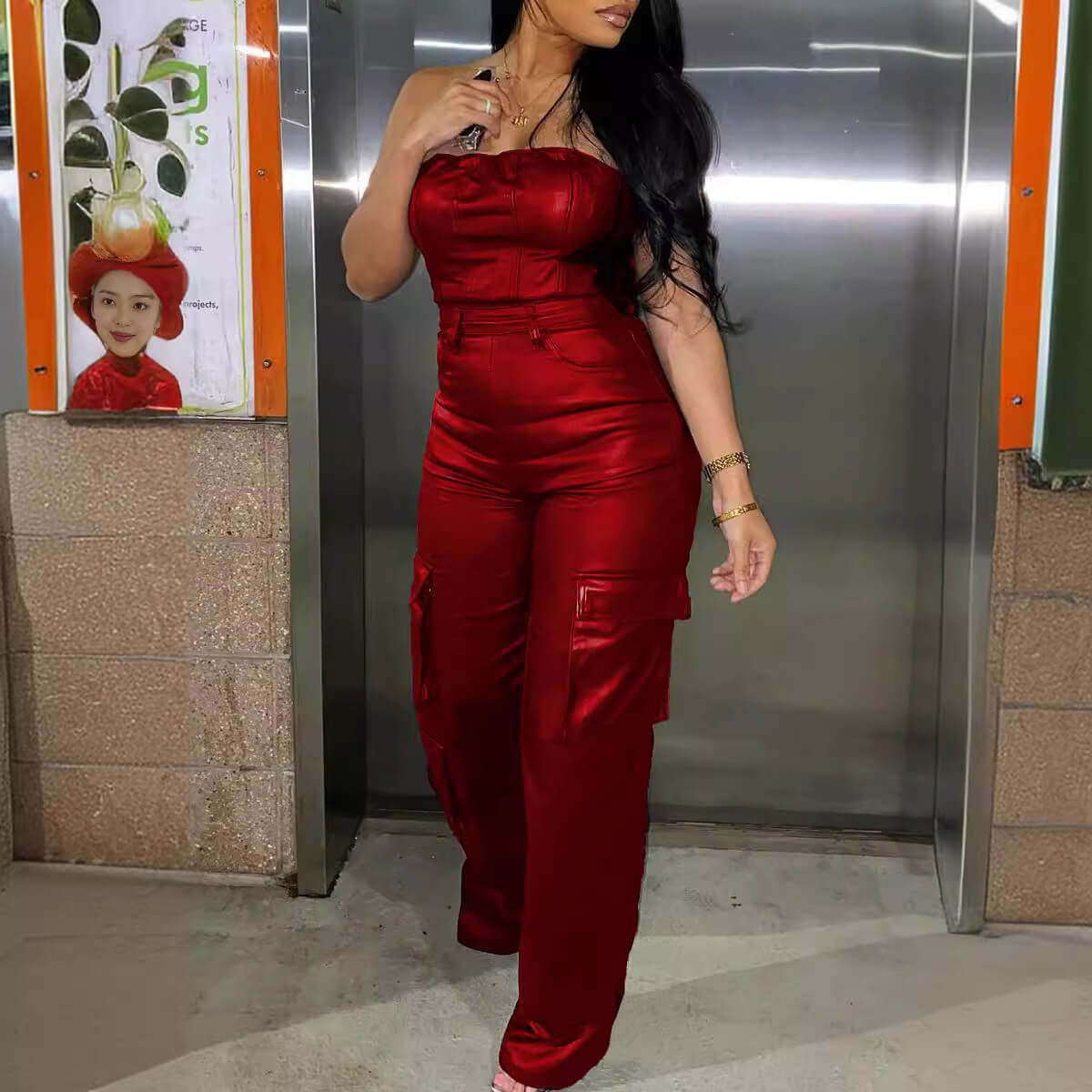 Strapless bustier waisted PU leather jumpsuit