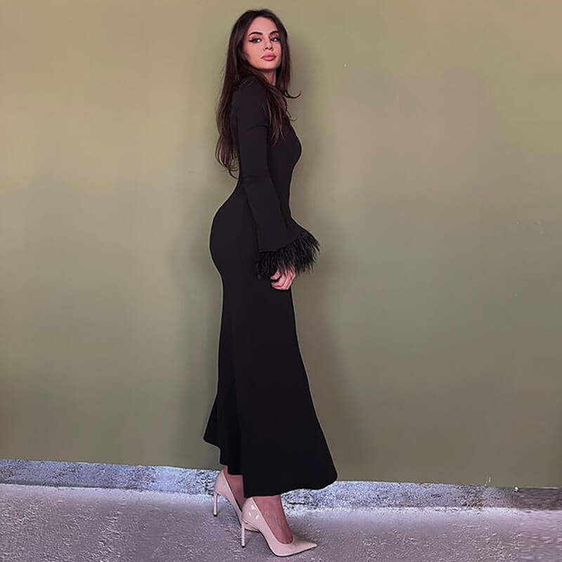 Temperament feather cuff long wrap dress