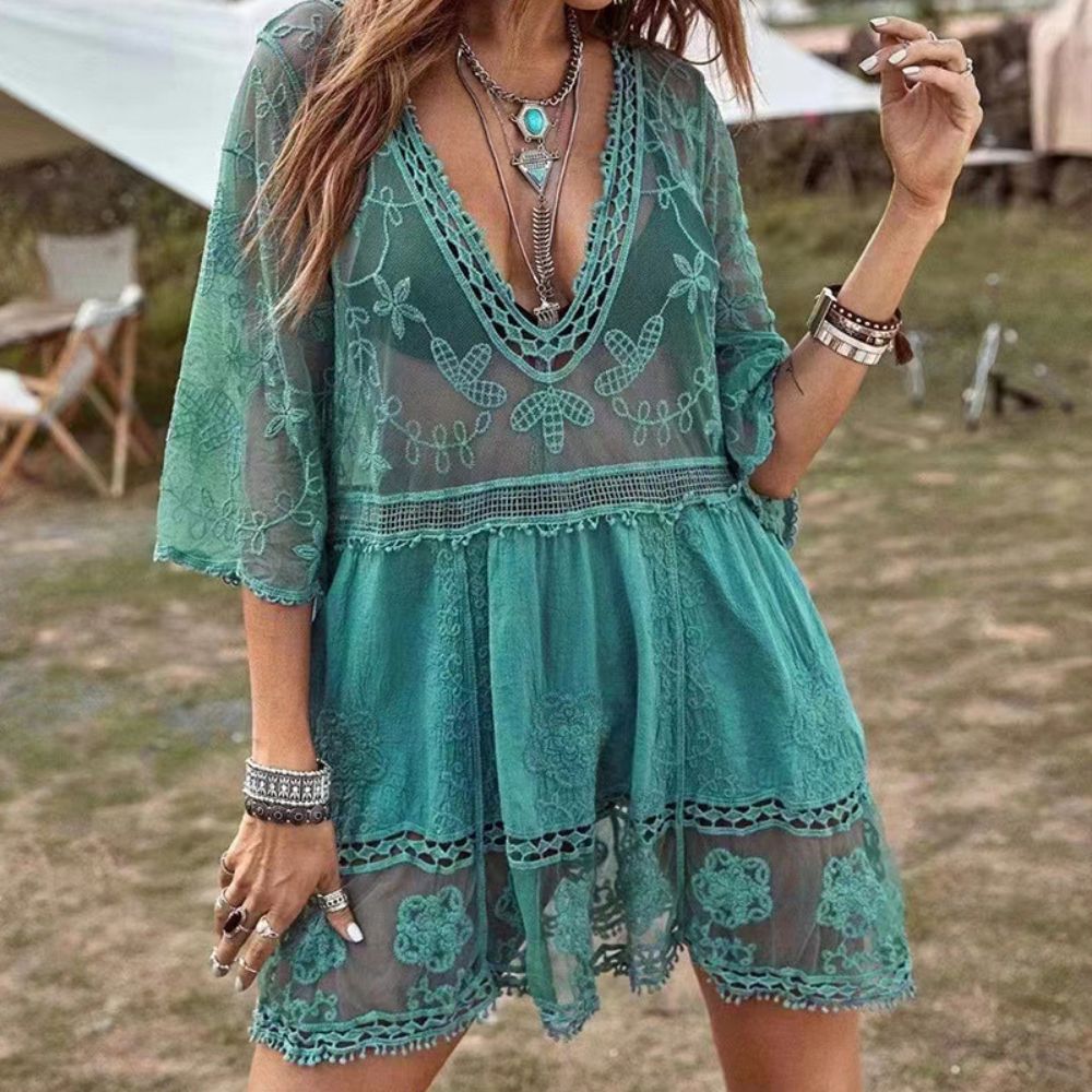 Sheer Embroidered V-Neck Dress Cover-Up
