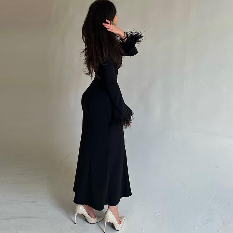 Temperament feather cuff long wrap dress