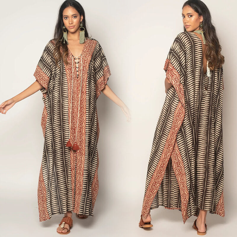 Beach Vacation Dress Coverup Printed Front and Back V-Neck Tie Bikini Sun Shirt