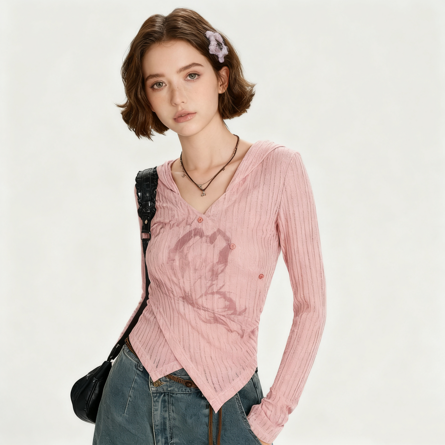 REINAREA Printed Hooded Long Sleeve T-Shirt Asymmetrical Top