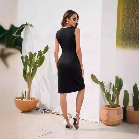V-neck sleeveless solid colour waist dress