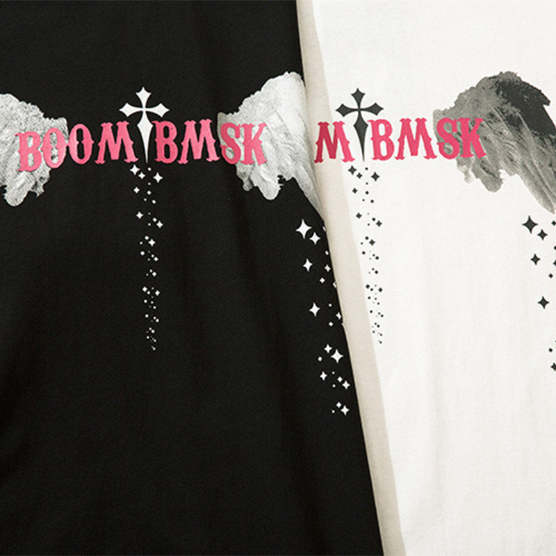 REINAREA Ink Wash Painting Angel Wings Print T-Shirt Unisex American Street Style Cotton Short-Sleeve Top