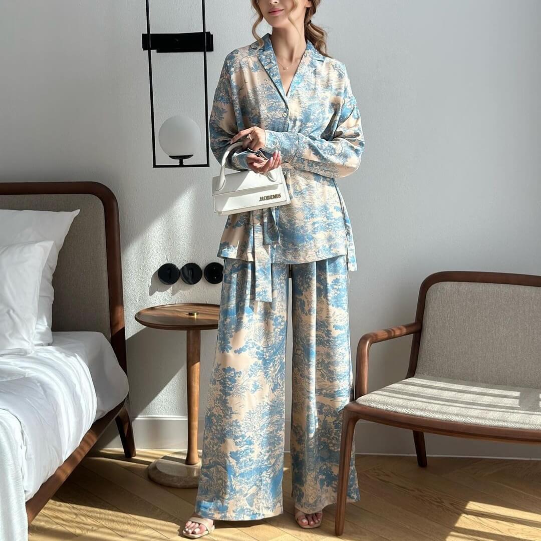 French Print Lace-Up Shirt Wide Leg Pants Set