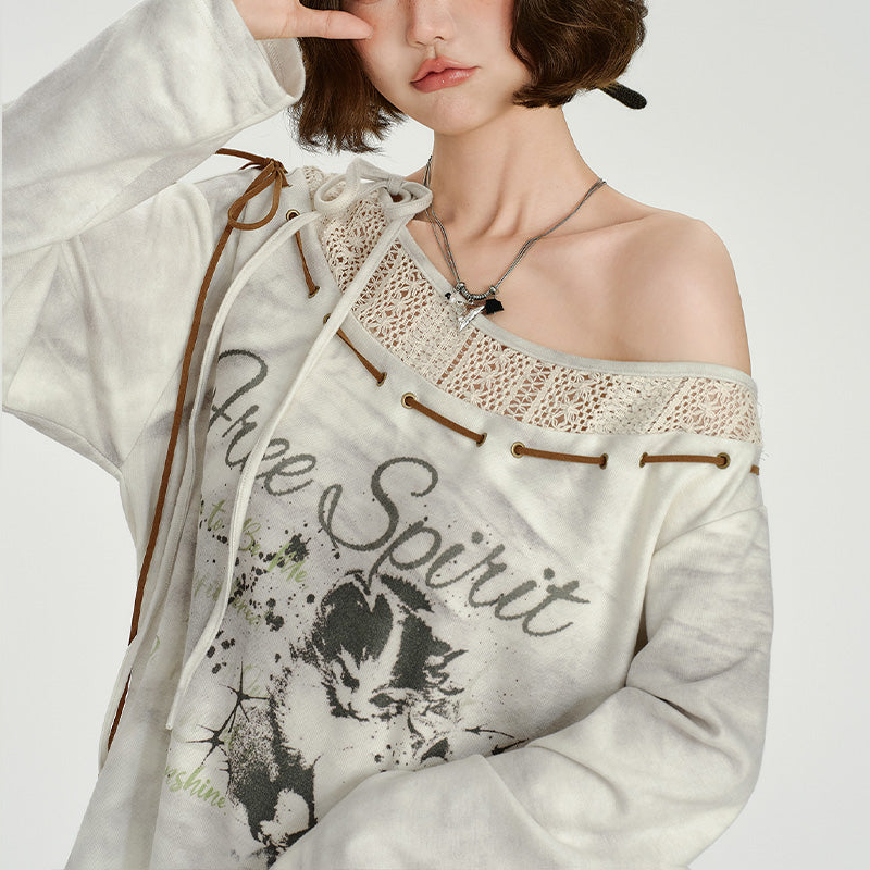 REINAREA American Retro Printed Paneled Stylish Long Sleeve T-Shirt