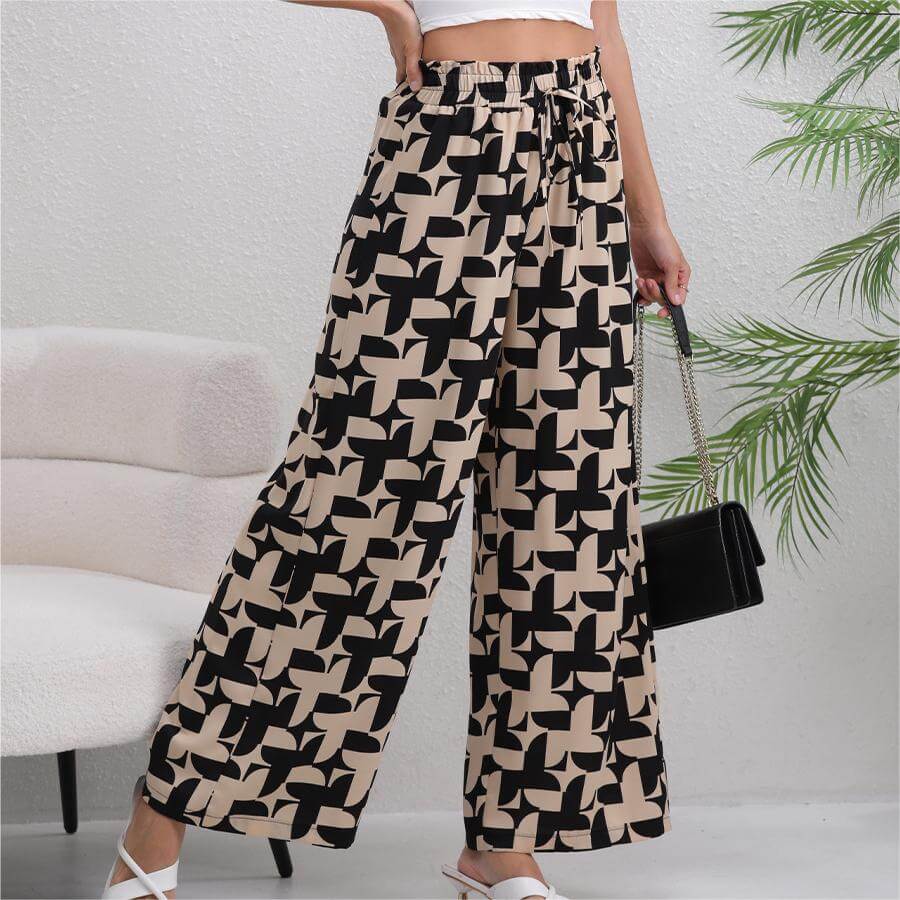 Casual Printed Loose Wooden Trim Pants