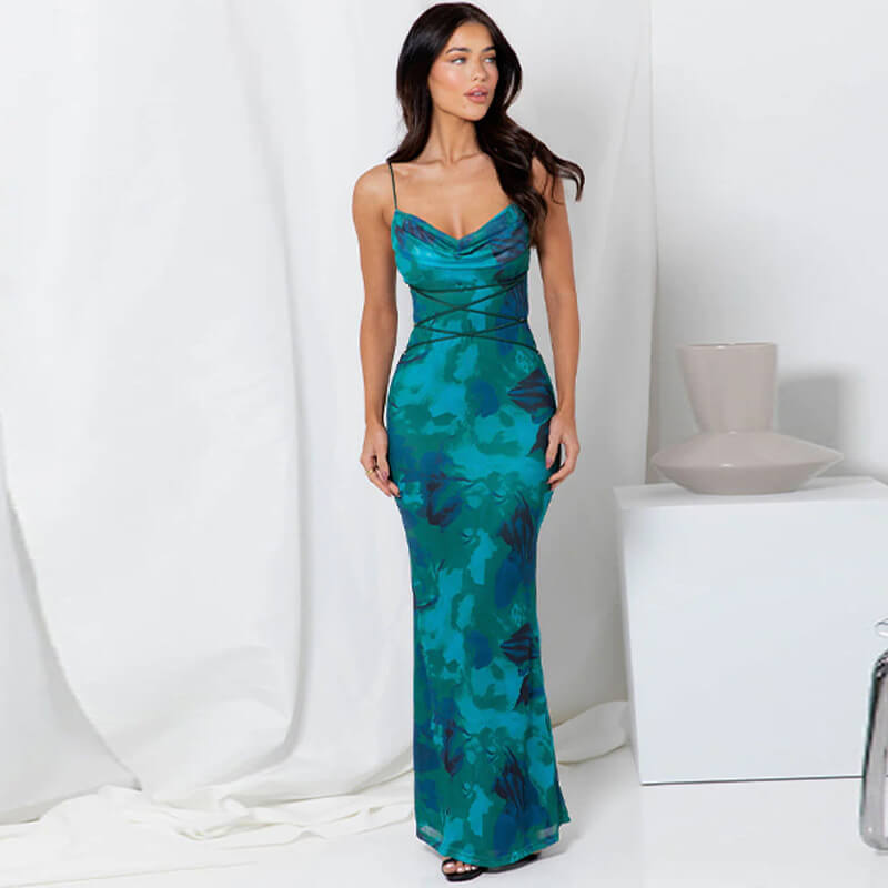 Lace-up Slim Printed Halter Dress