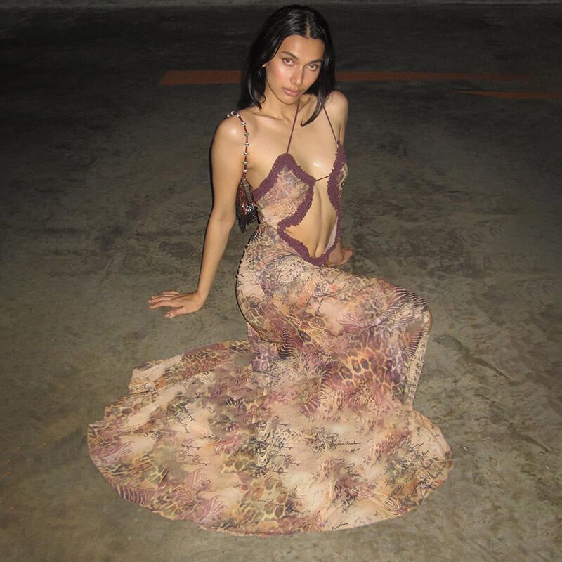 Wooden Ear Printed Halter Dress with Neckline