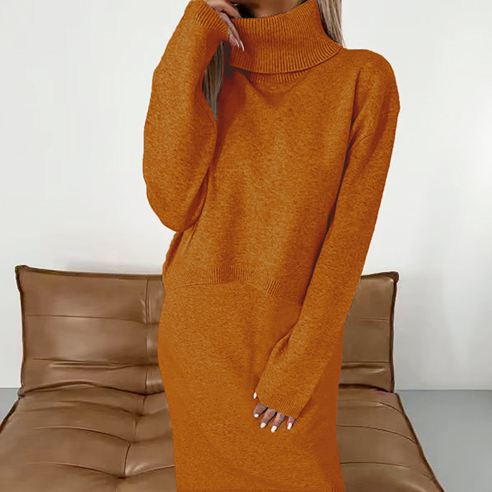Long Pure Color Knitted Dress With High Neck