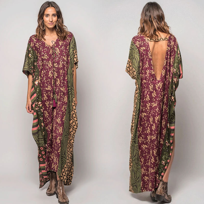 Beach Vacation Dress Coverup Printed Front and Back V-Neck Tie Bikini Sun Shirt