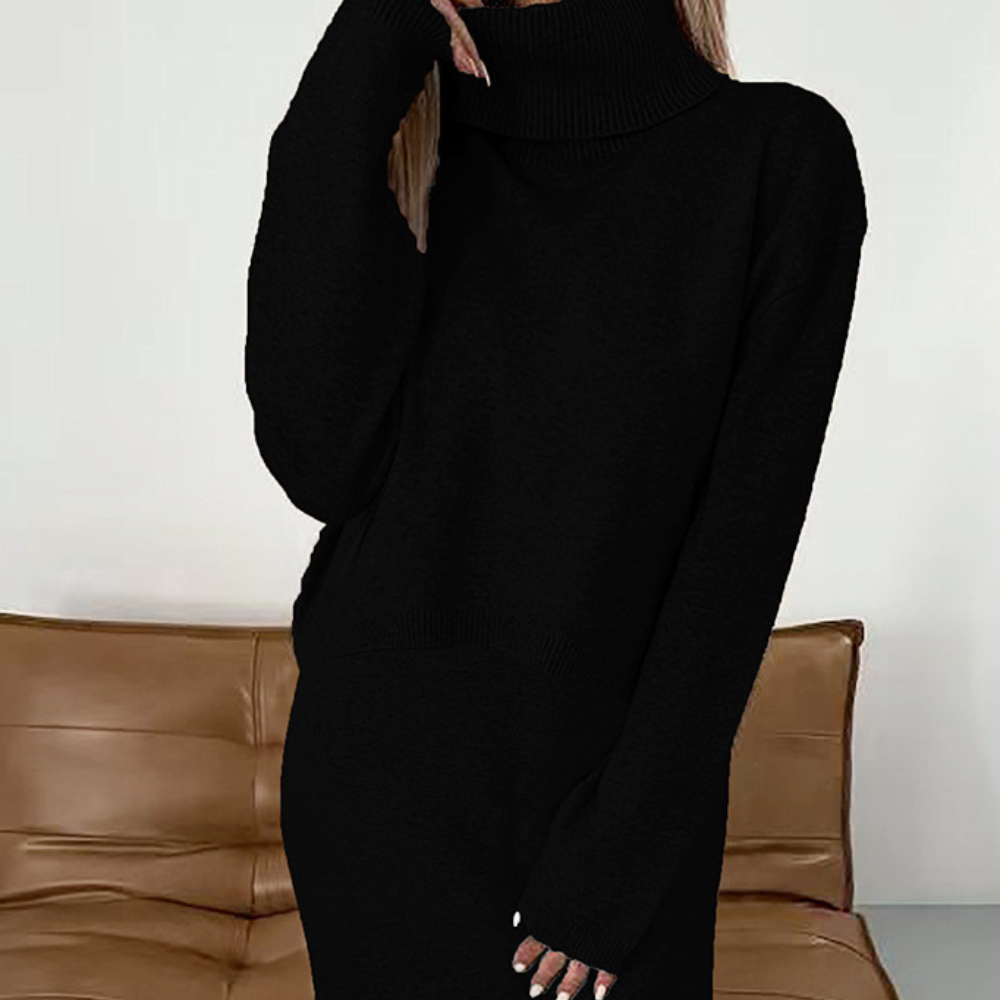 Long Pure Color Knitted Dress With High Neck