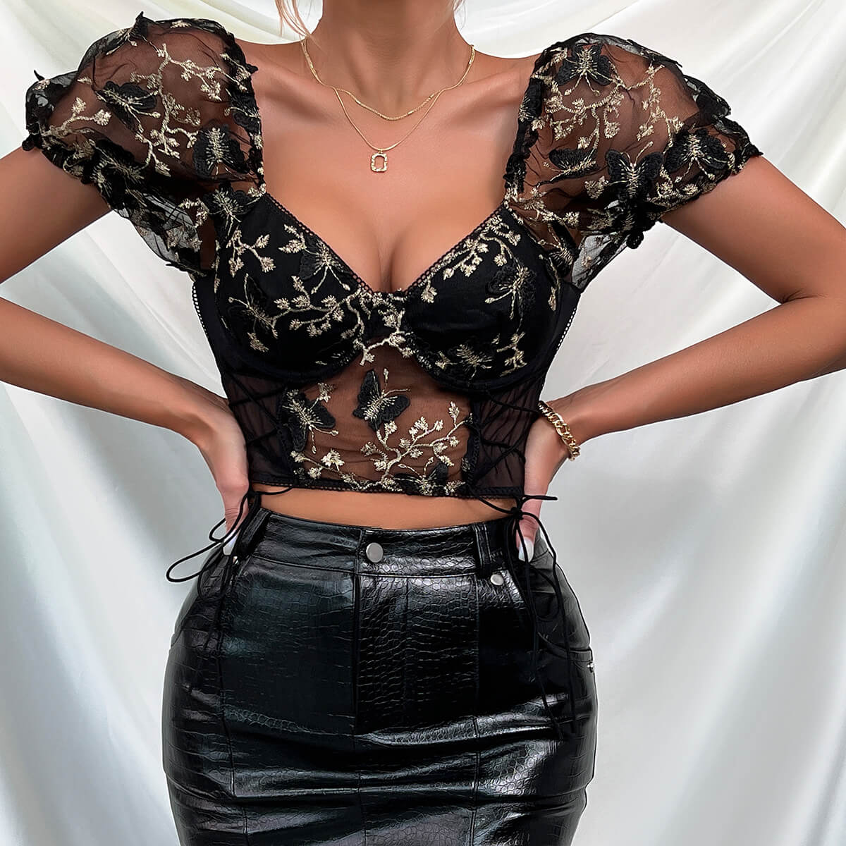 Butterfly Embroidery Backless Mesh Camisole