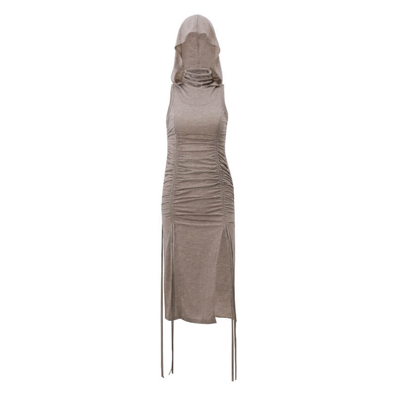 High-necked hooded ruched waist-slimming cutout slit dress