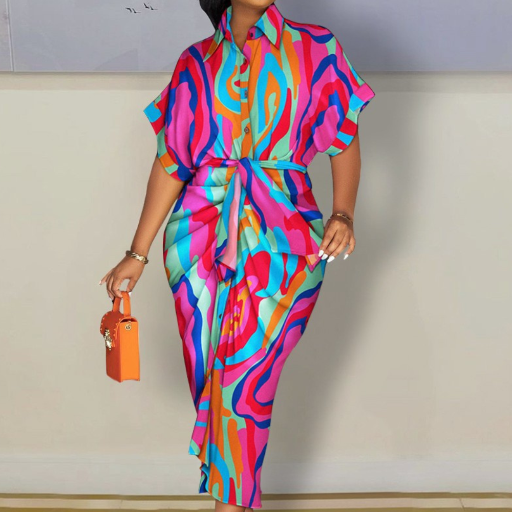 Abstract Print Short Sleeve Midi Dress