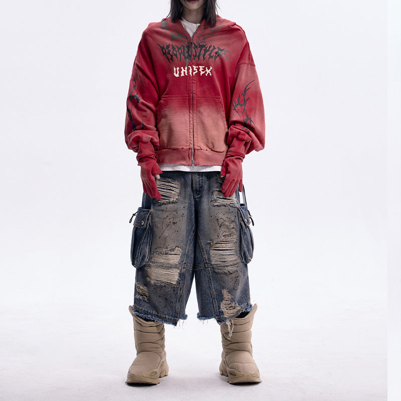 REINAREA Dirt-stained face mask, detachable gloves, hooded sweatshirt Unisex jacket(black,red)