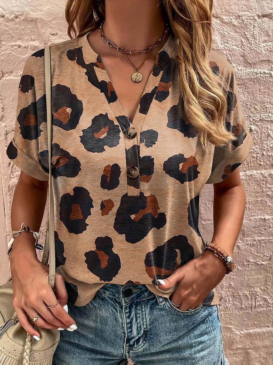 V-Neck Leopard Print Short Sleeve Shirt