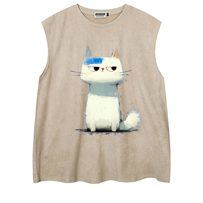 REINAREA Hand-Painted Cat Print Suede Sleeveless T-Shirt - Unisex Athletic Tank Top【076】