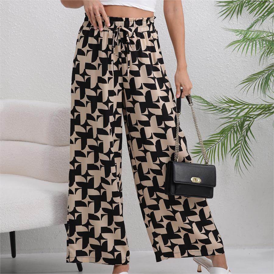 Casual Printed Loose Wooden Trim Pants