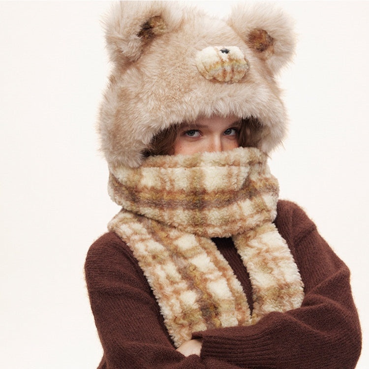 REINAREA Women's Bear Ear Plush 3-Piece Set Winter Warm Hat Scarf Gloves Combo
