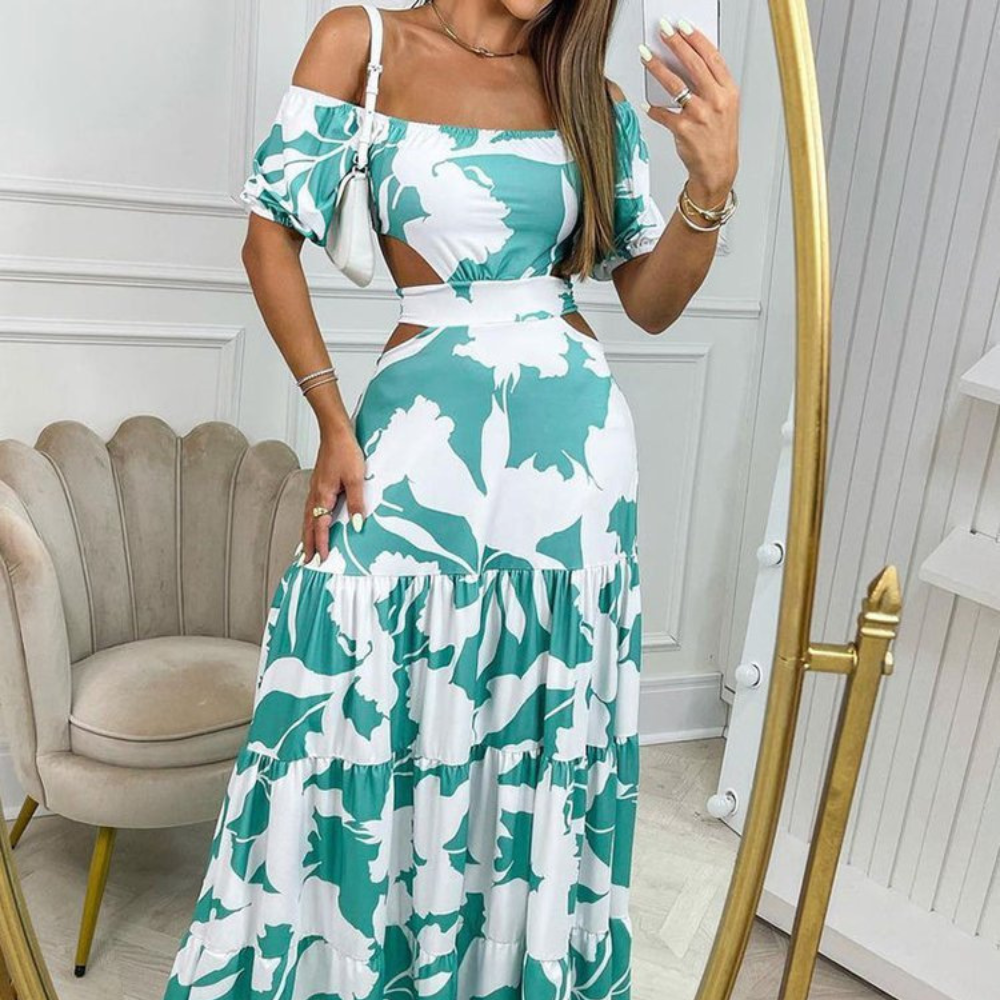Open-Shouldered Print Cut-Out Dress