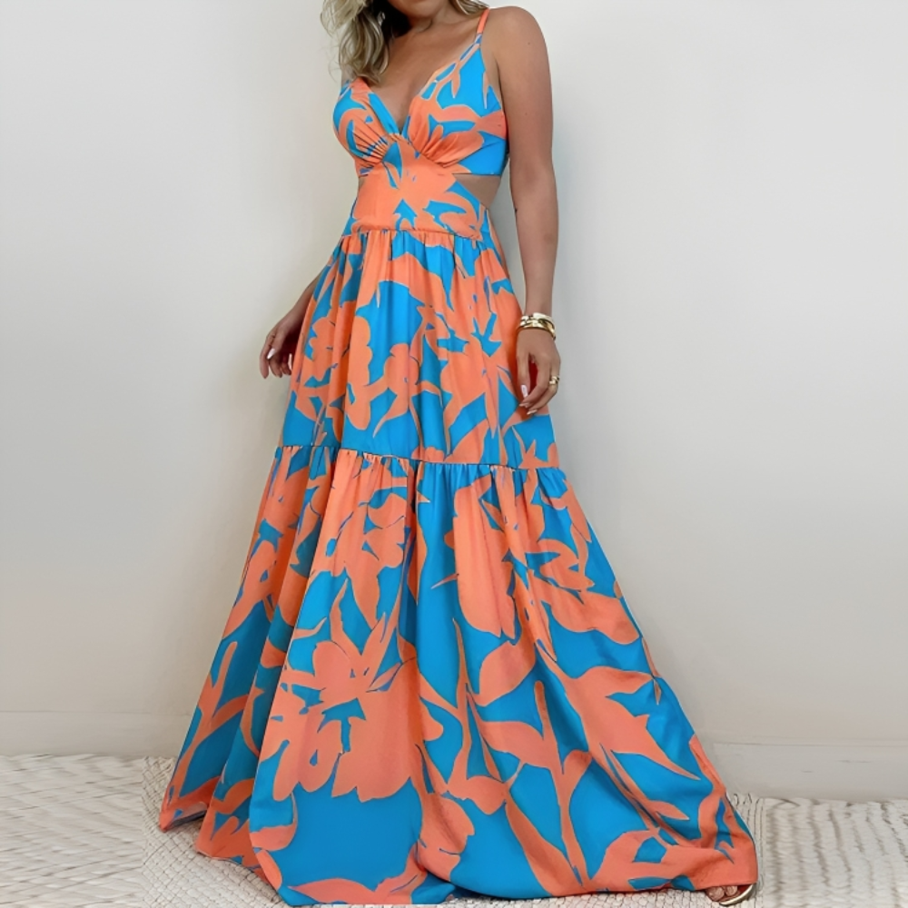 Retro Print Hollow Backless Maxi Dress