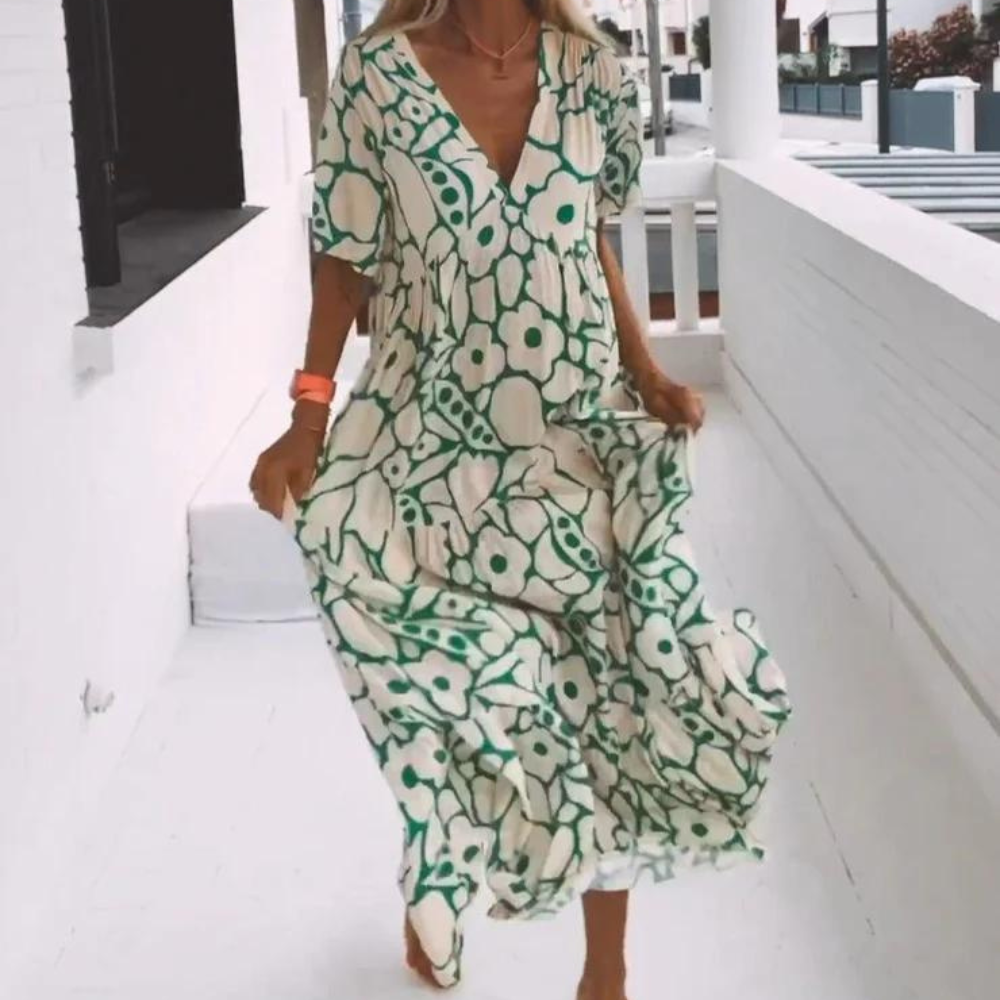 Green Short Sleeve Print Maxi Dress