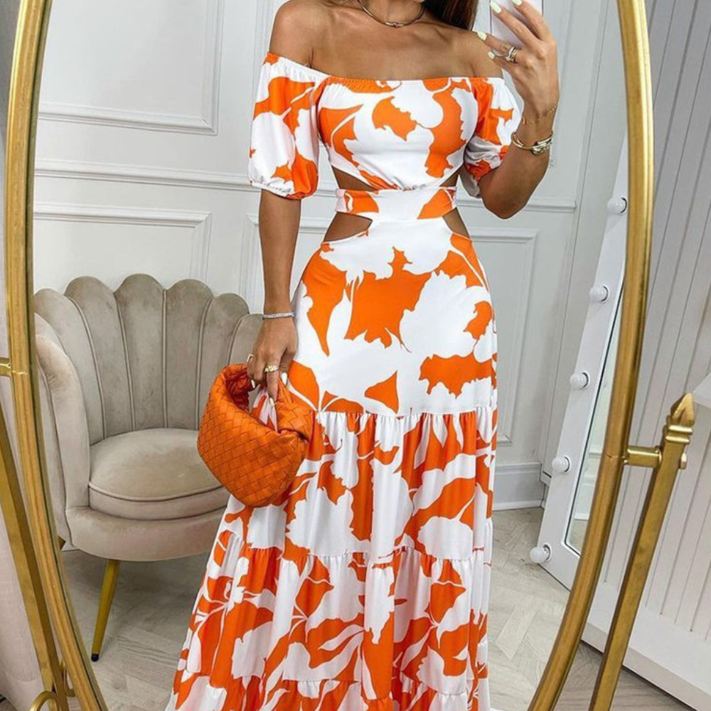 Open-Shouldered Print Cut-Out Dress