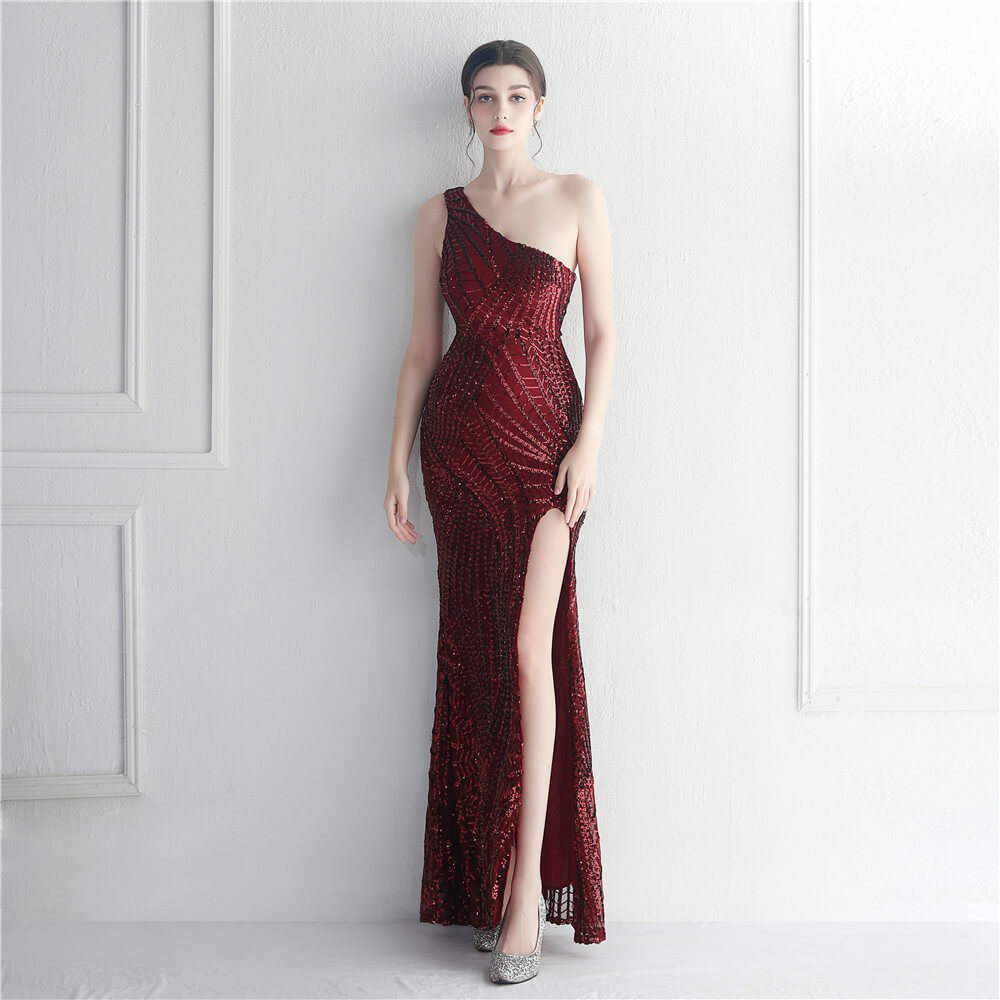 Flower Beaded One Shoulder Slant Neck Dress