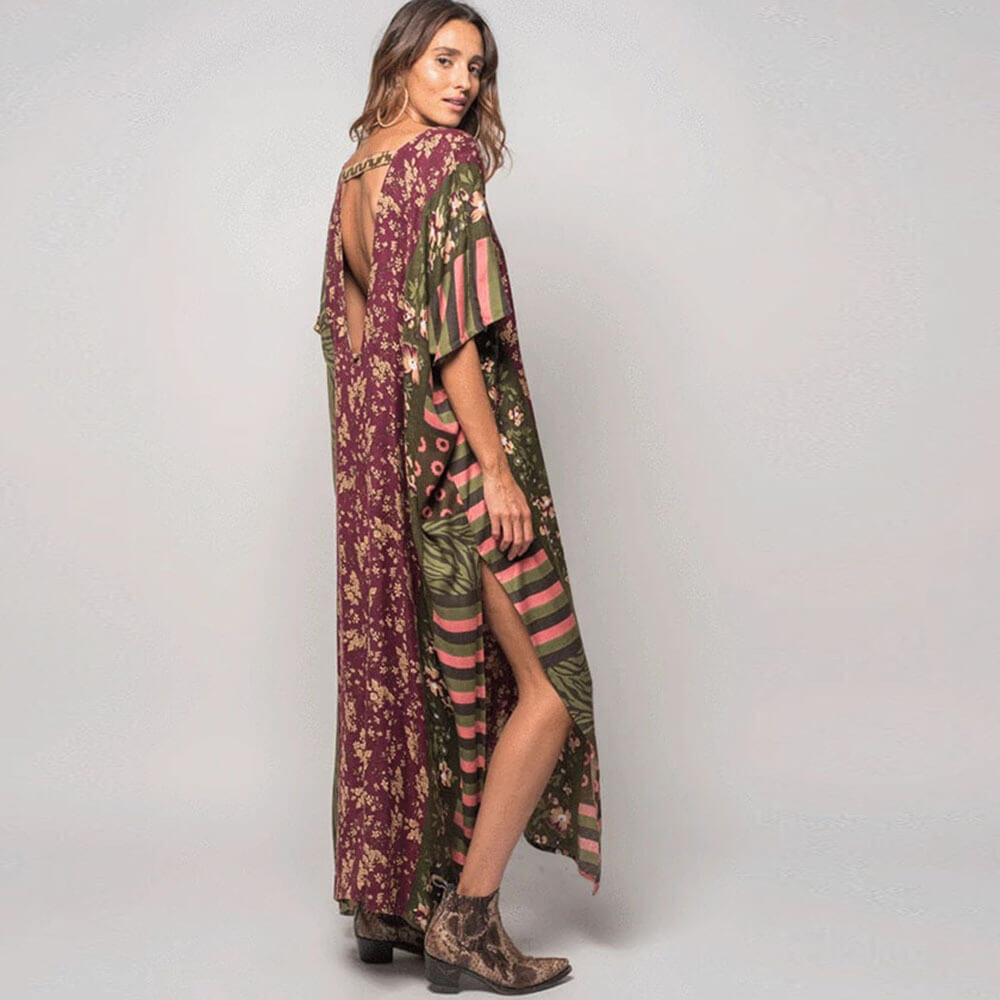 Beach Vacation Dress Coverup Printed Front and Back V-Neck Tie Bikini Sun Shirt