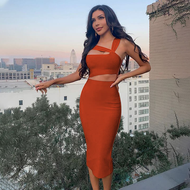 One-Shoulder Sheath Mid-Length Solid Colour Dress