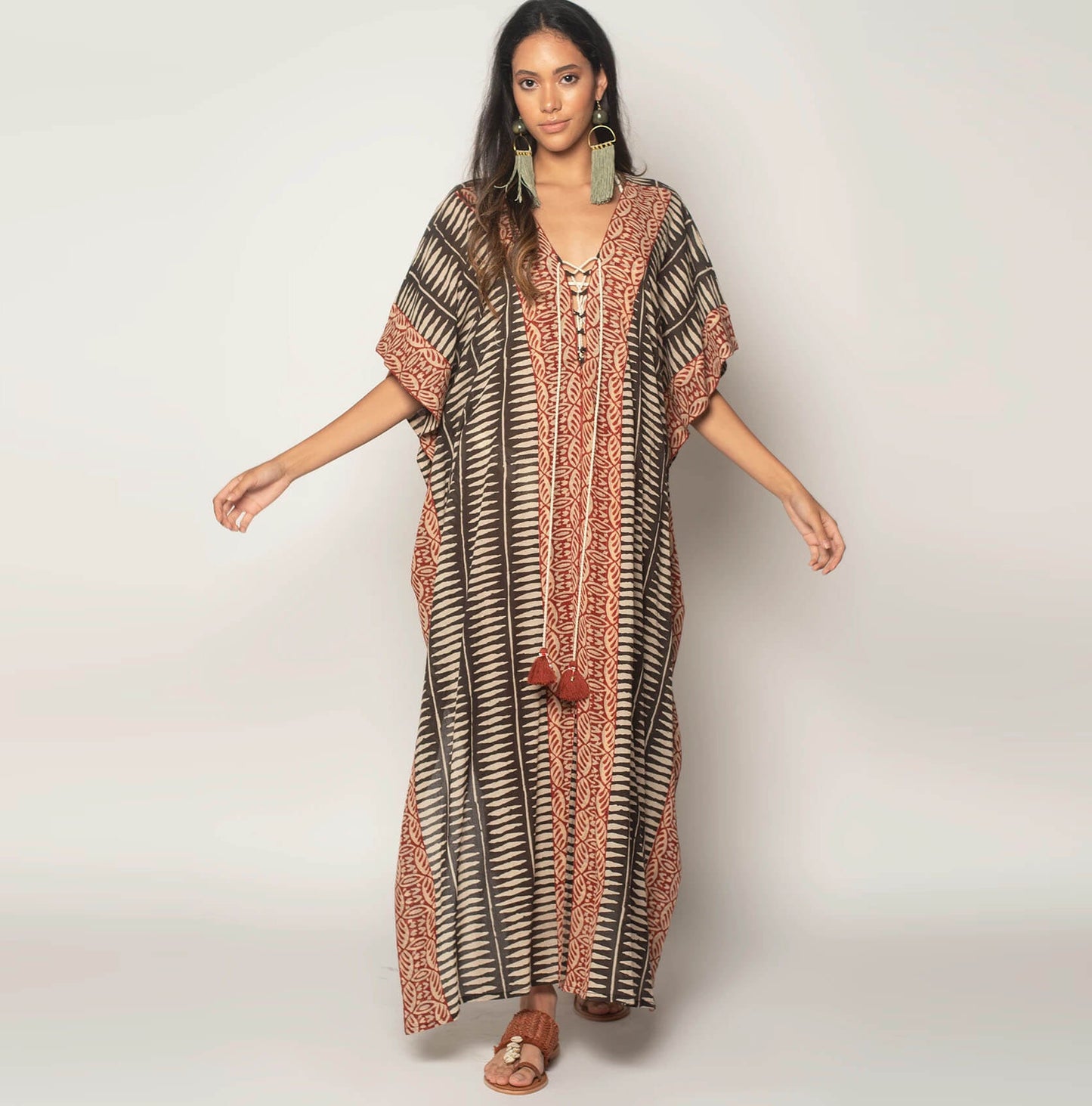 Beach Vacation Dress Coverup Printed Front and Back V-Neck Tie Bikini Sun Shirt