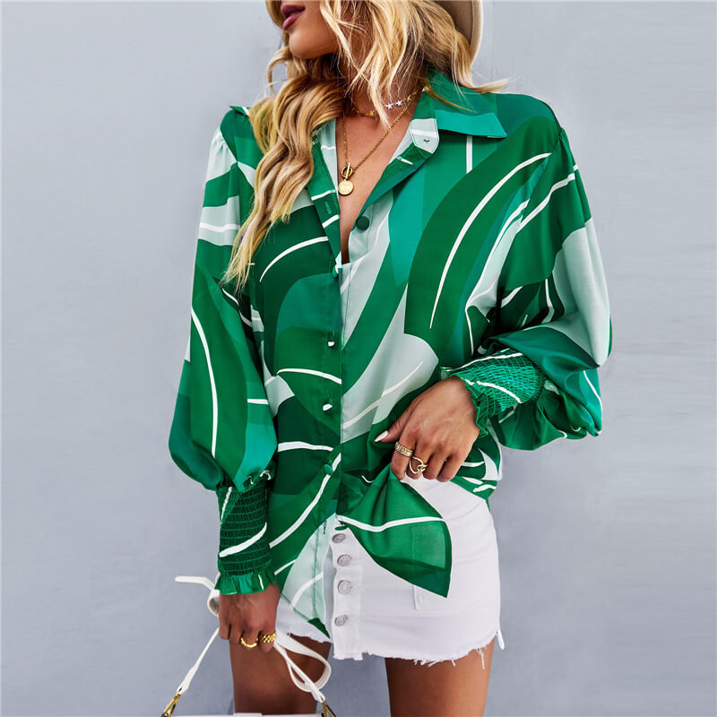 Printed Lapel Lantern Long Sleeve Shirt