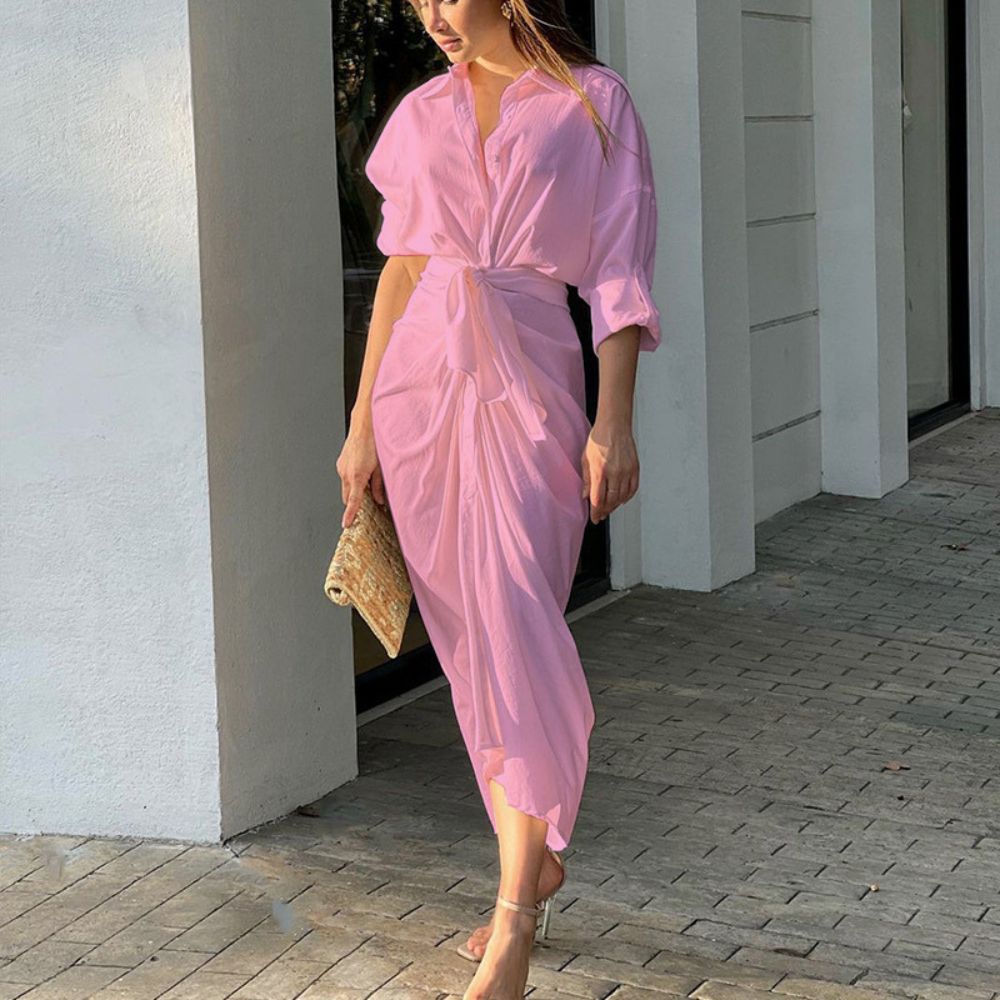 Solid Color Slim Pleated Shirt Dress