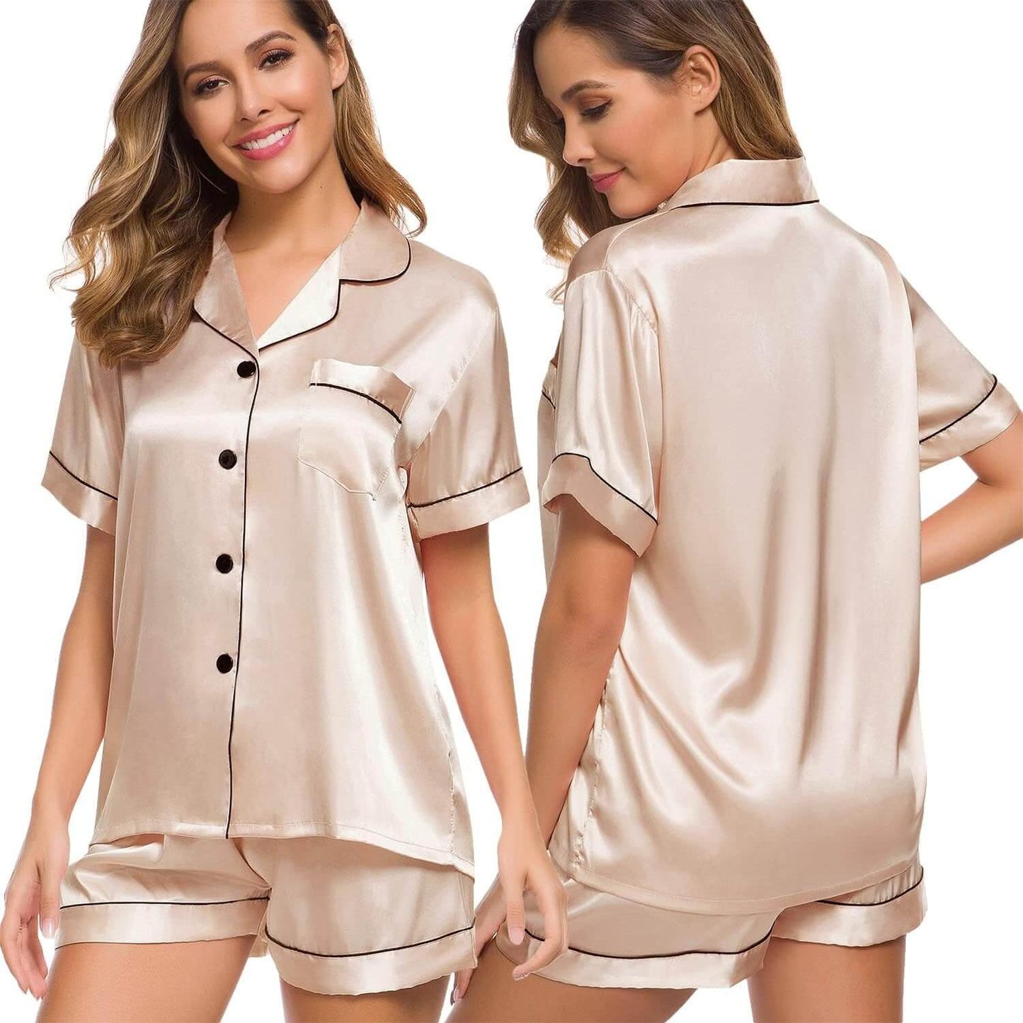 Women Silk Satin Pyjama Two Piece Pj Sets Button Down Loungewear