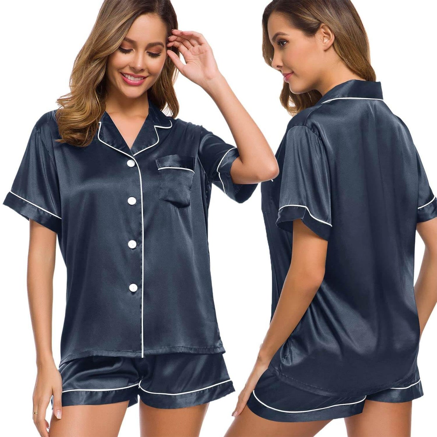 Women Silk Satin Pyjama Two Piece Pj Sets Button Down Loungewear