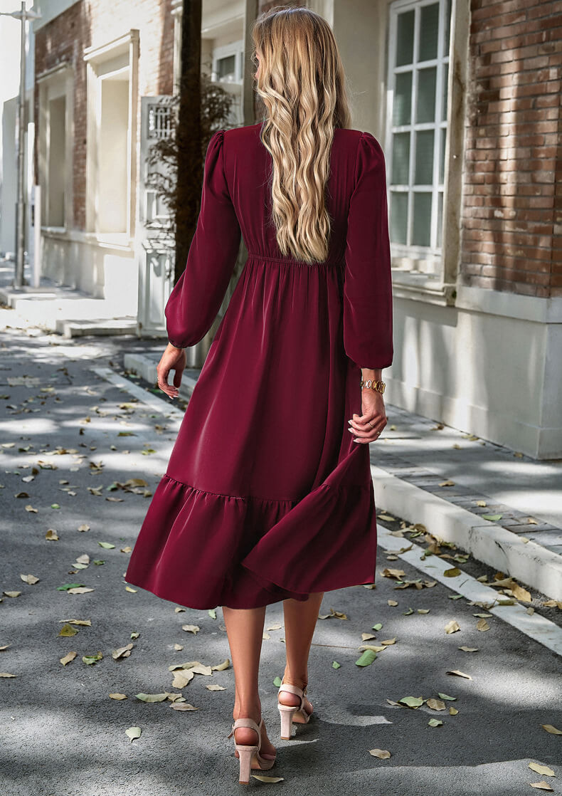 V-Neck Tie-Down Solid Color Dress