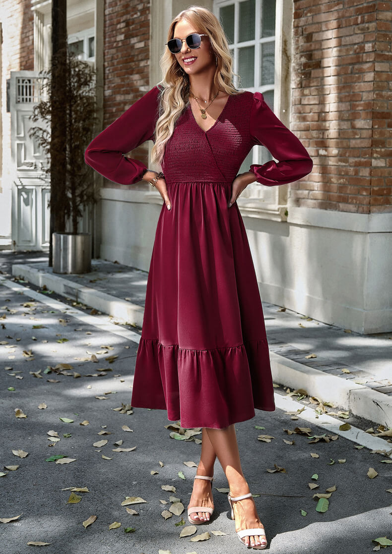 V-Neck Tie-Down Solid Color Dress