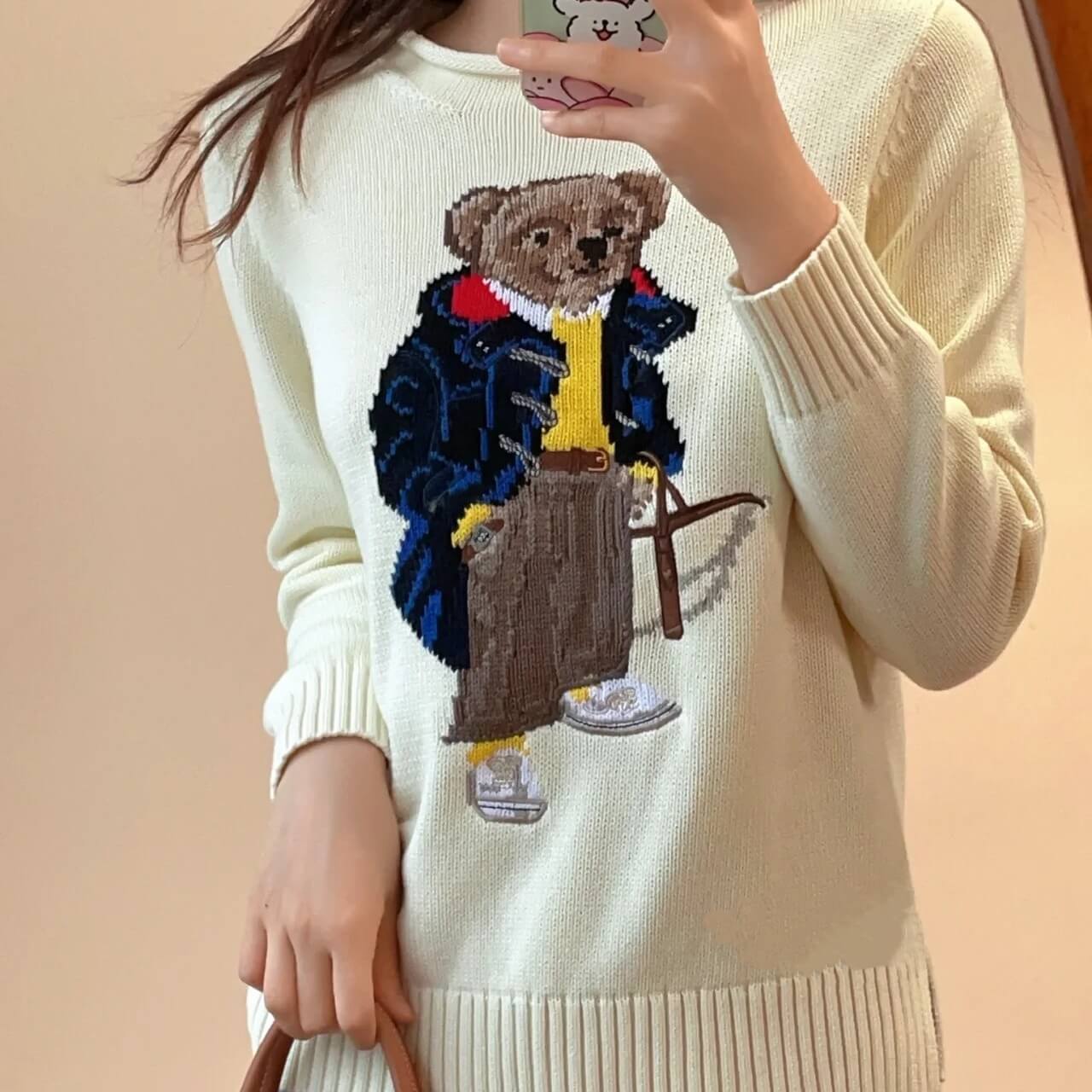 Woman’s Cream Cotton Sweater with Bear Design
