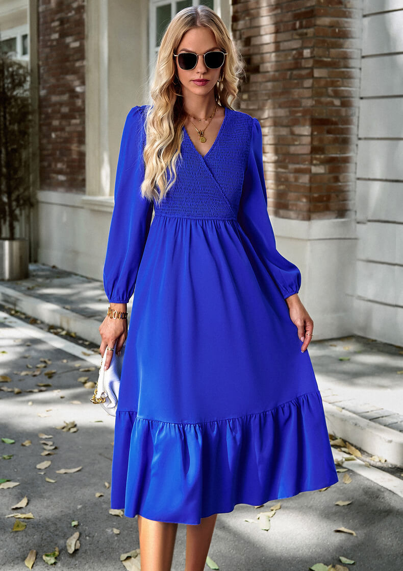 V-Neck Tie-Down Solid Color Dress