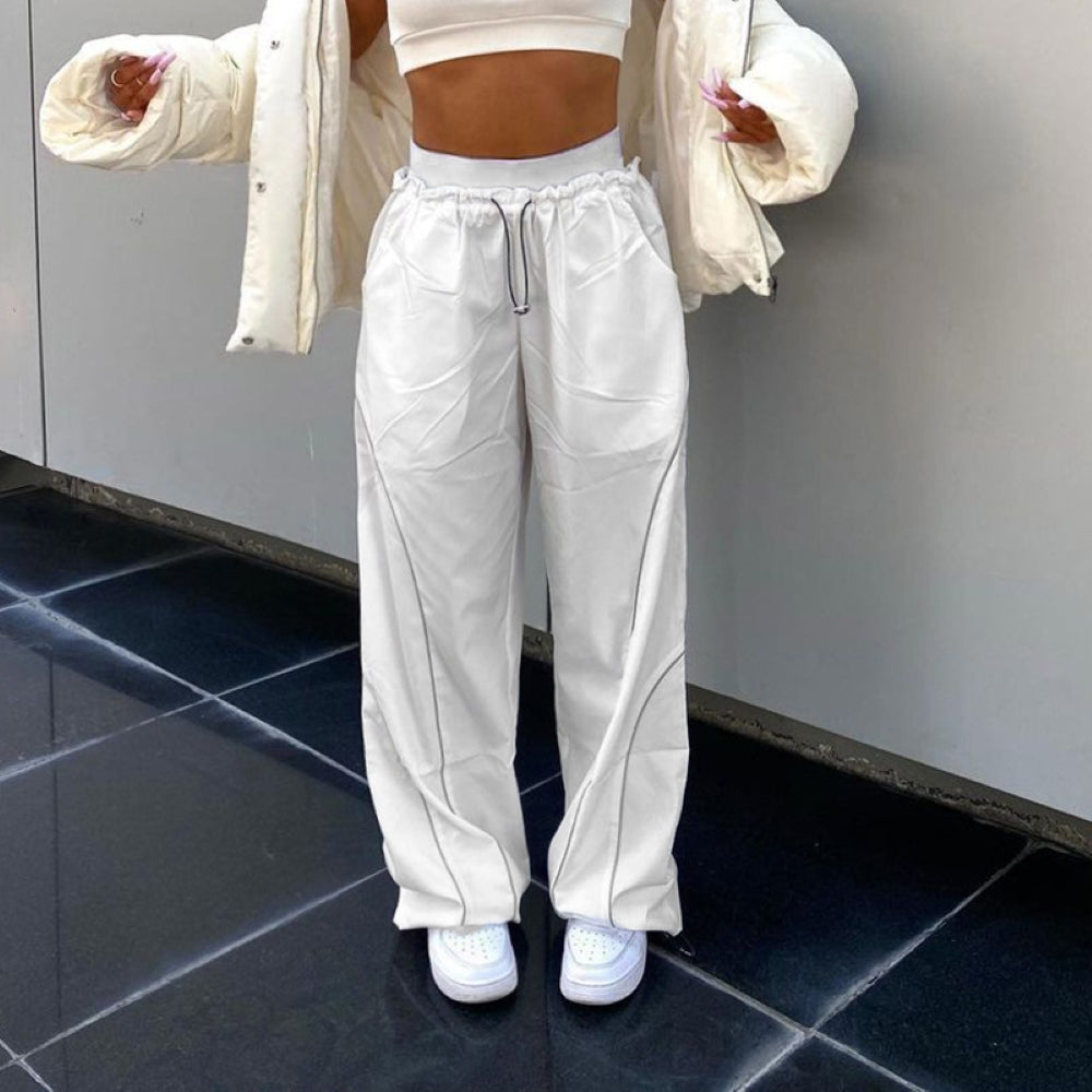 Sports Style Elastic Waist Taped Foot Loose Straight Casual Pants