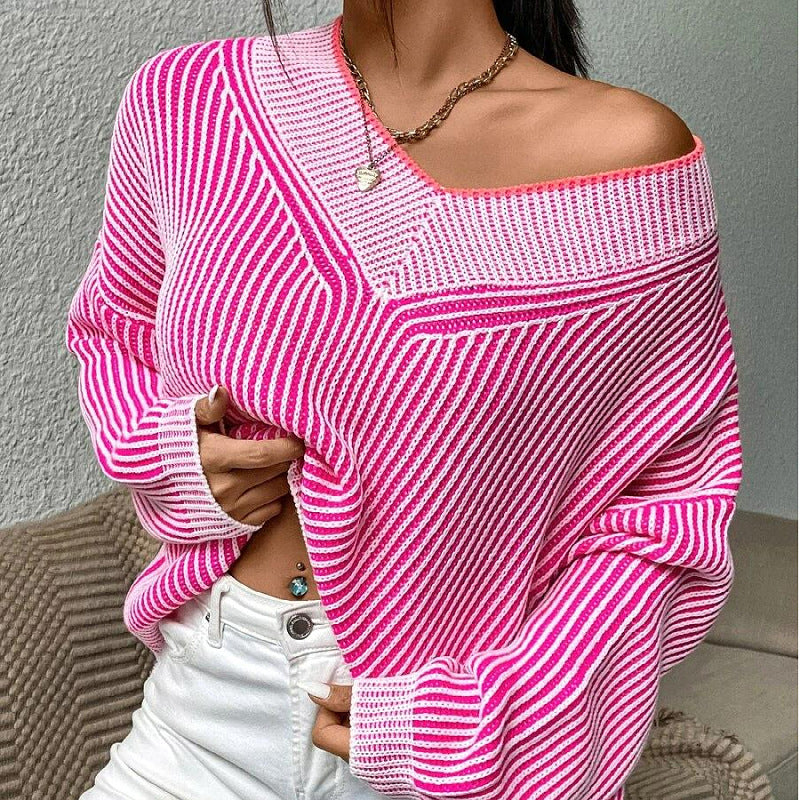 Striped V Neck Patterned Sweater